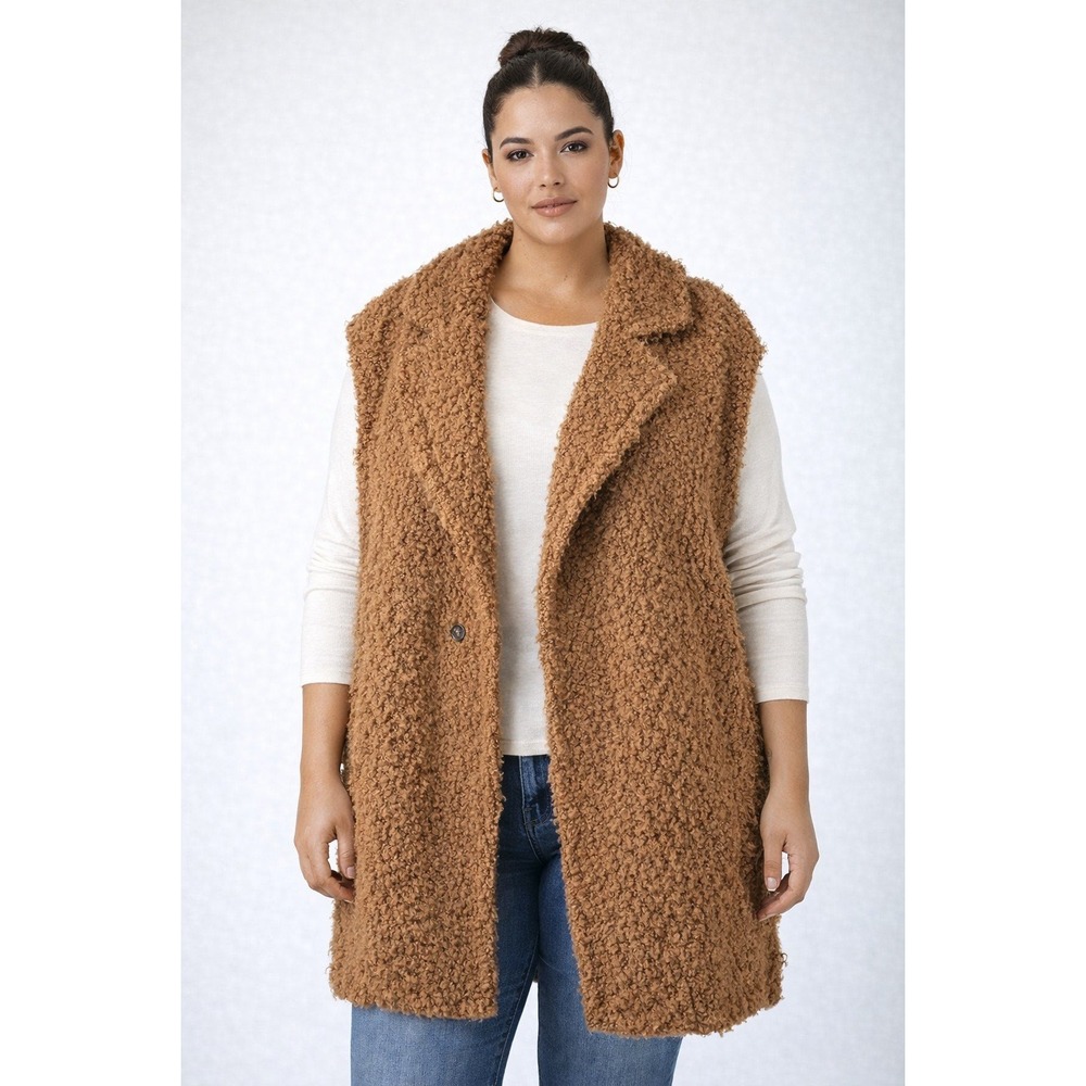 Amazhiyu XL Camel Teddy Sherpa Long Vest Sleeveless‎ Open Front Coat
